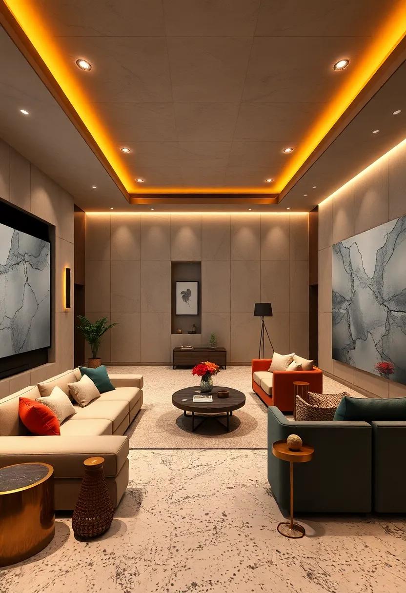 Visualize Aerial Views of Expansive Terrazzo-Floored Home Theaters with Innovative Space Planning