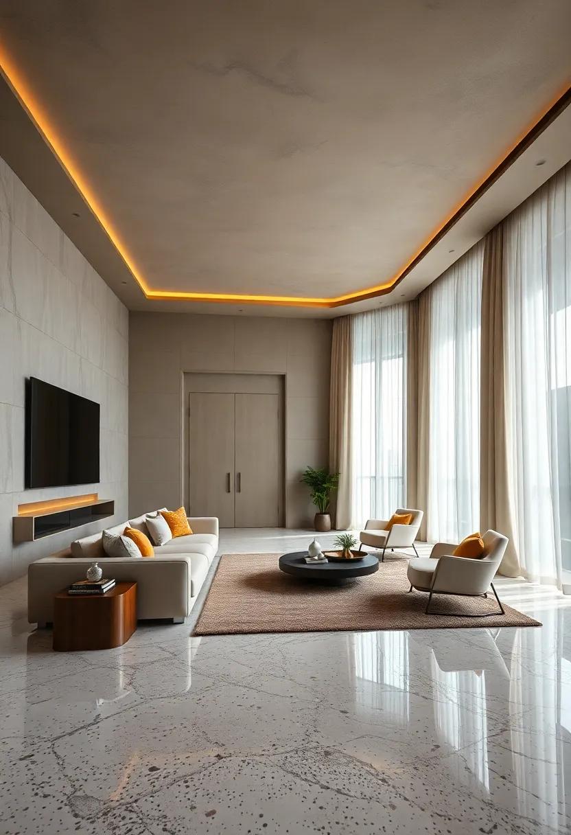 Focus on Floor-to-Ceiling Draperies That Offset the Glossy Shine of Terrazzo Flooring Styles