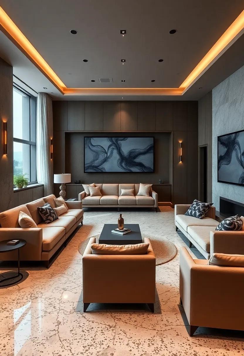 Showcase Plush Seating Arrangements That Contrast Stunning Terrazzo Floor Patterns Perfectly