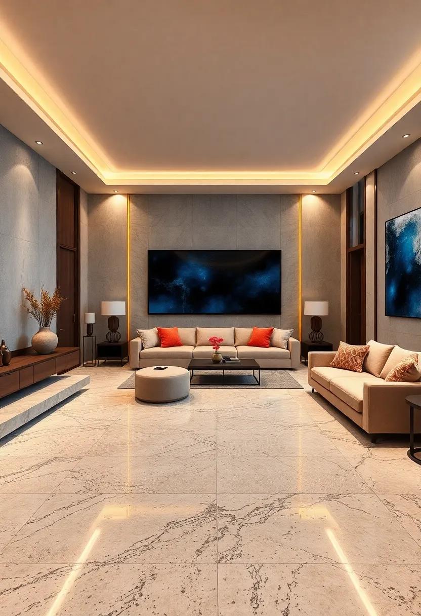Contrast High-Gloss Terrazzo Floors With Soft Textural Elements for Balanced Home Cinema Design