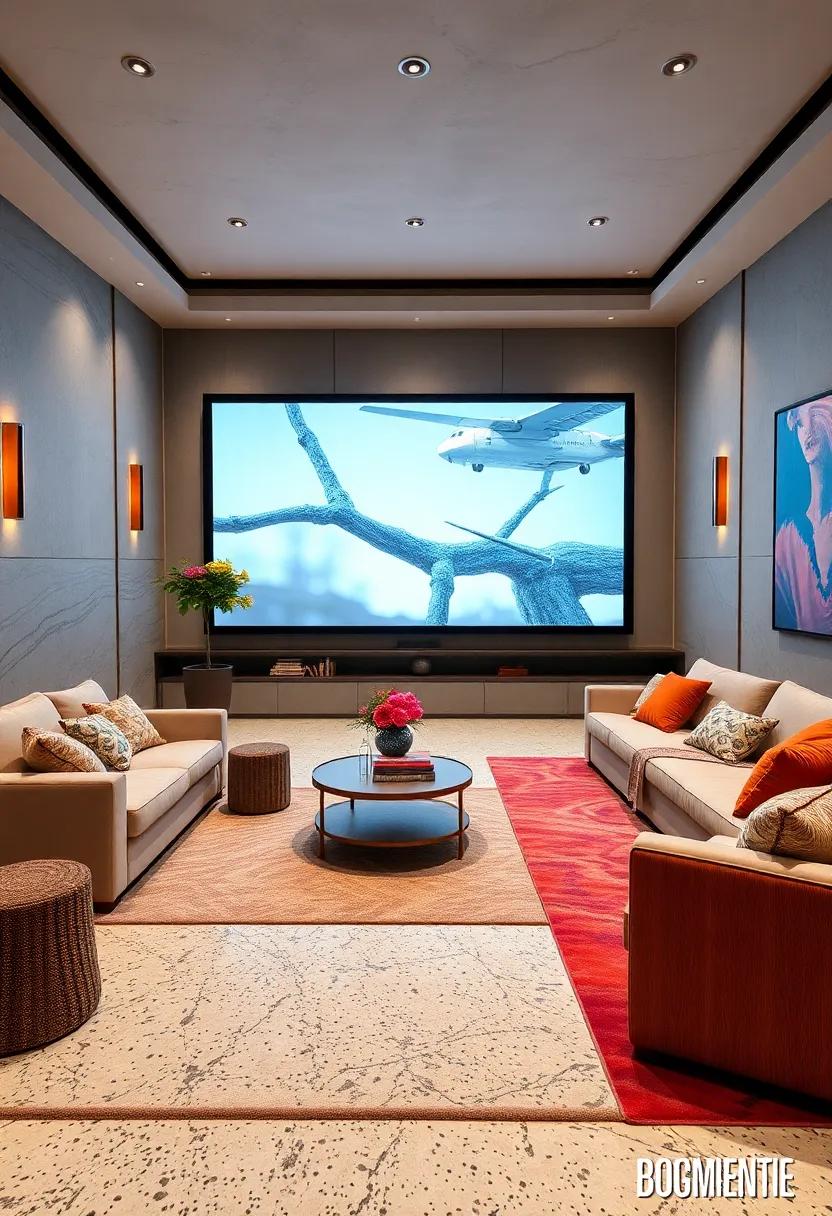 Feature Designer Rugs That Enhance and Define Terrazzo Floors in Stylish Home Theater Spaces