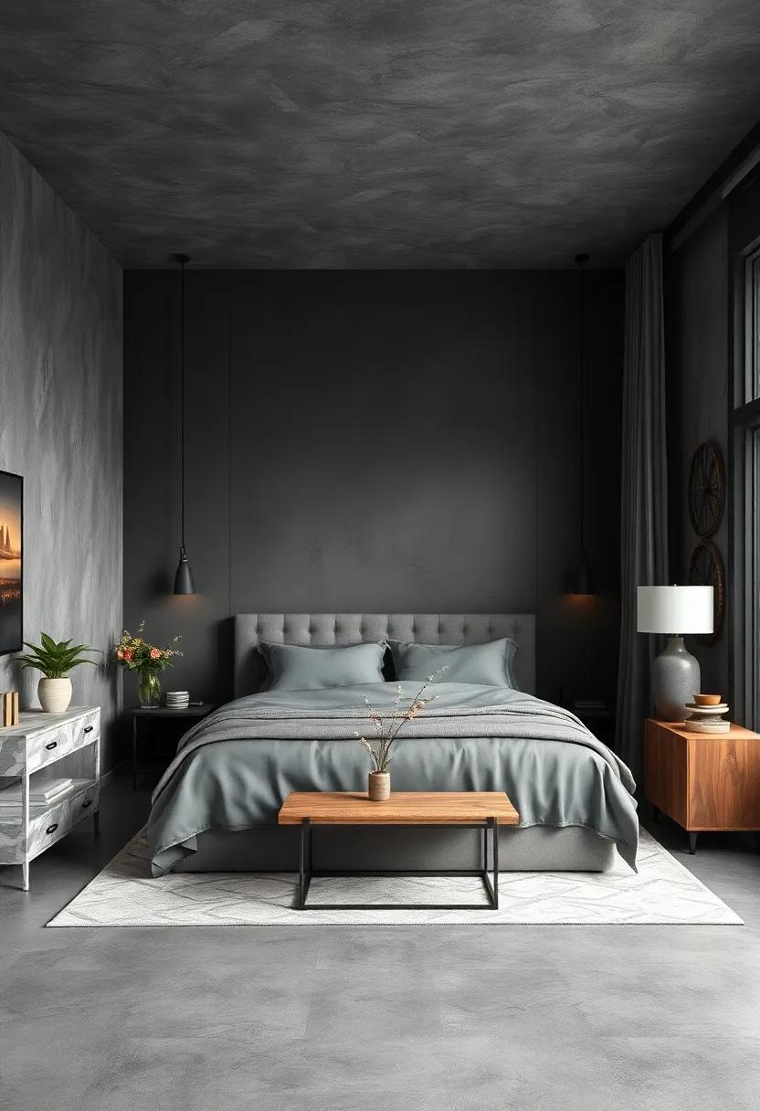 Layering Different Shades of Dark Gray for a Textured and Sophisticated Industrial Luxury Bedroom Atmosphere
