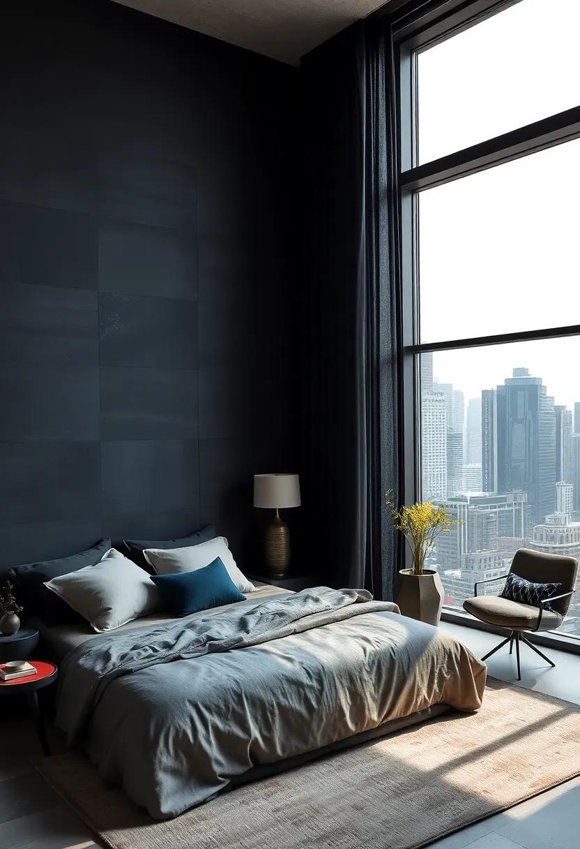 Charcoal Walls and Jet Black Drapery Framing Panoramic City Views for a Luxe Industrial Bedroom Experience