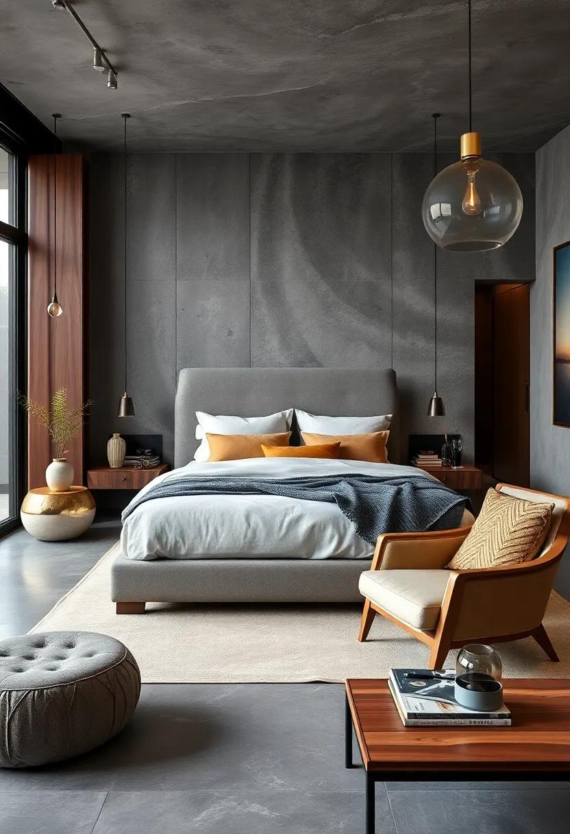 Combining Ash Gray Concrete and Deep Walnut Accents to Create a Harmonious Dark Tone Luxury Bedroom