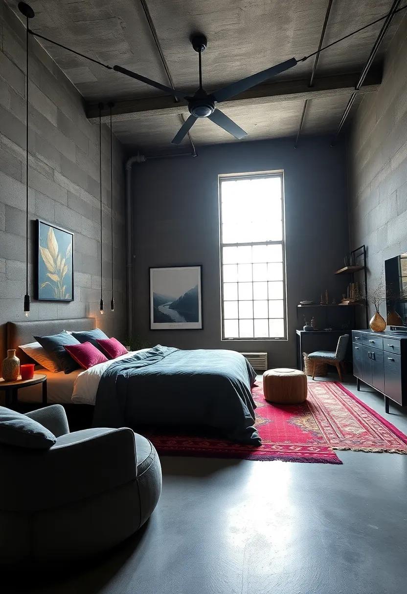 Combining Polished Concrete Floors with Layered Rugs in Deep Hues for a Balanced Industrial Bedroom Palette