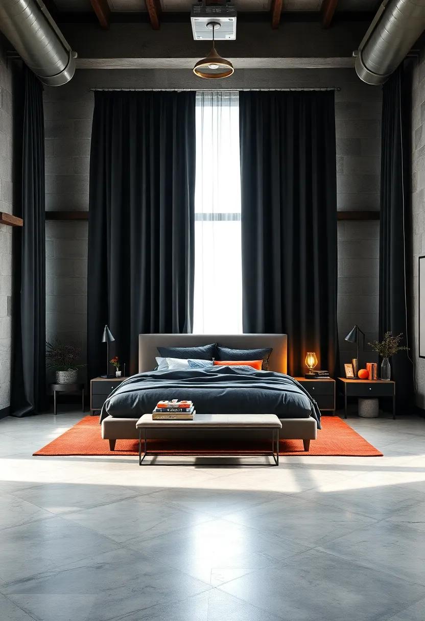 The Drama of Floor-to-Ceiling Dark Gray Drapes Paired with Sleek Minimalist Furniture in Urban Bedrooms