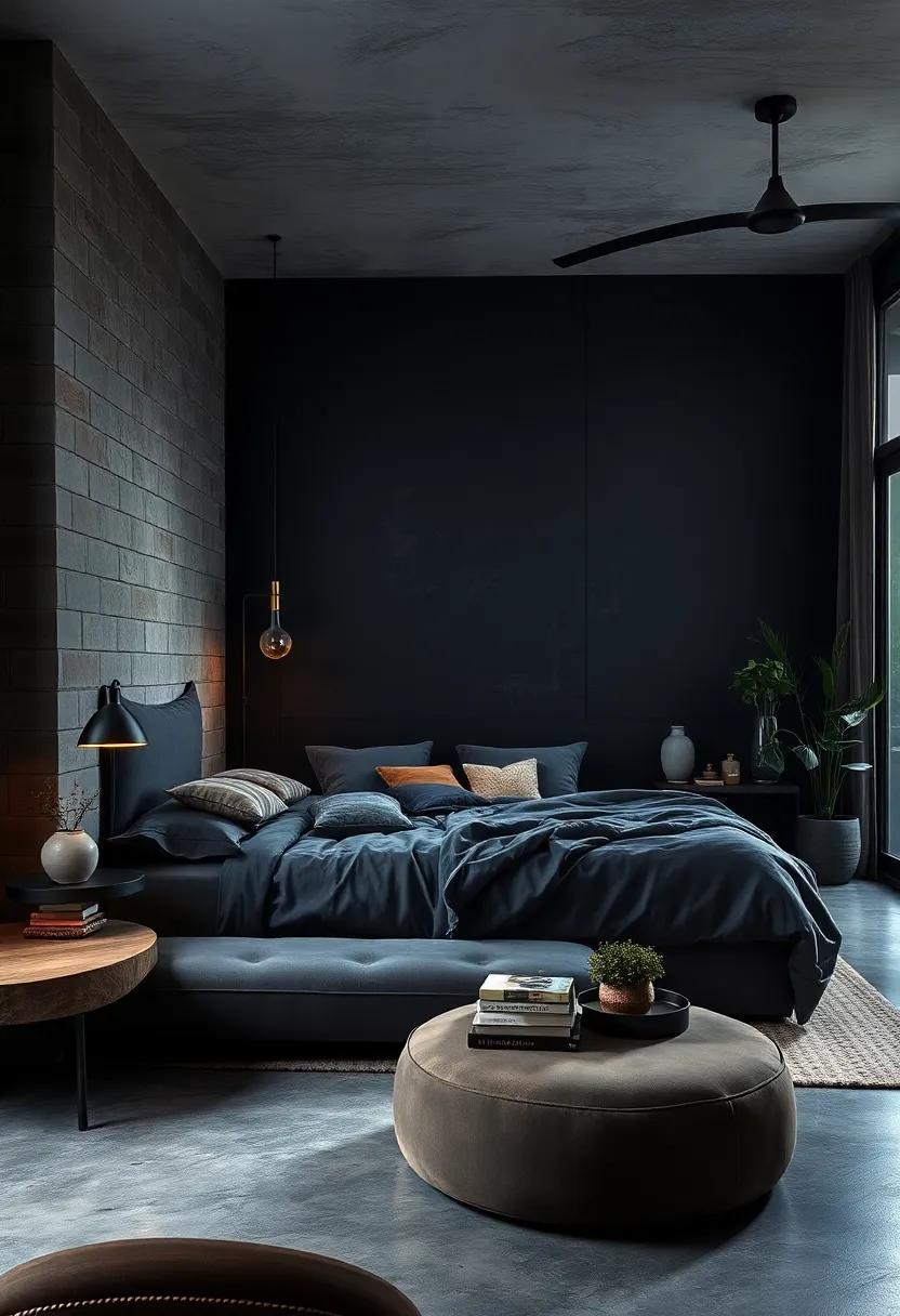 The Impact of Low Ambient Lighting on the Rich Textures of Dark Industrial Bedrooms with Luxe Materials