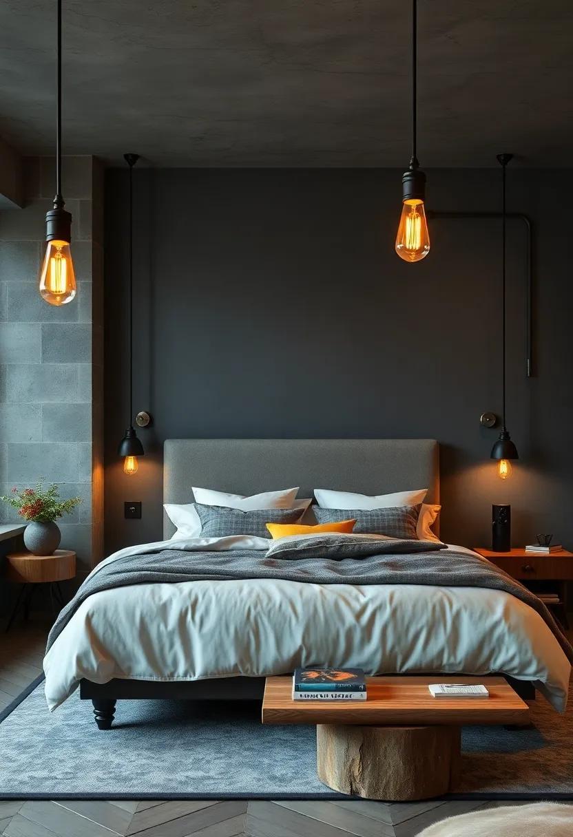 Incorporating Vintage Edison Bulbs Suspended by Blackened Iron Fixtures for Moody Bedroom Illumination