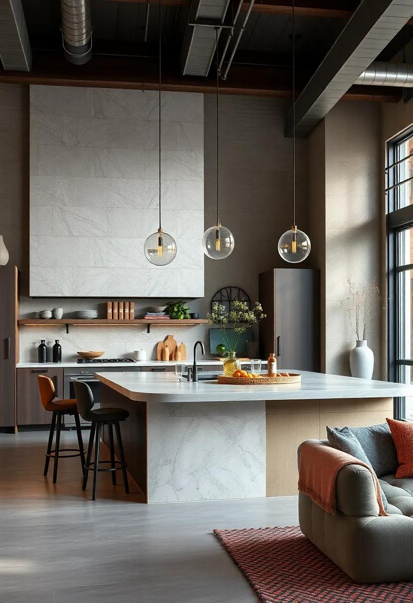 Distinctive Culinary Islands Featuring Mixed Materials and Sculptural Forms as Centerpieces of Industrial Sophistication