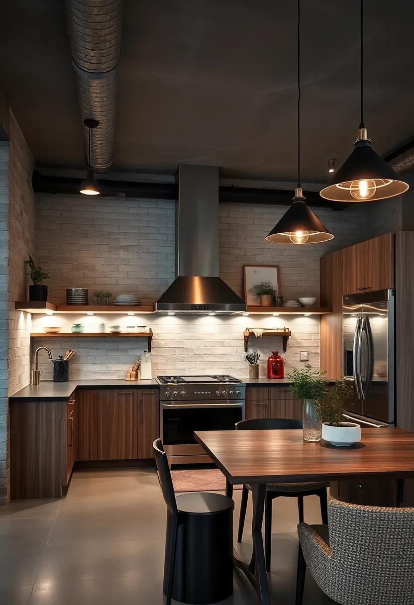 Sophisticated Lighting Fixtures Casting Moody Glows Over Stainless Steel Appliances and Textured Surfaces
