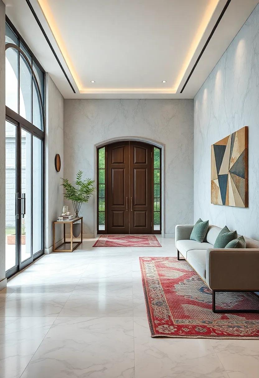Glossy Marble Floor Insets Contrasted With Textured Rugs To Define Zones Within The Entryway
