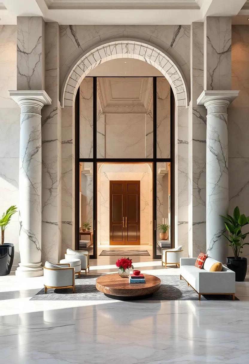 A Grand Statement Doorway Framed By Sleek Marble Columns Accentuating Architectural Elegance