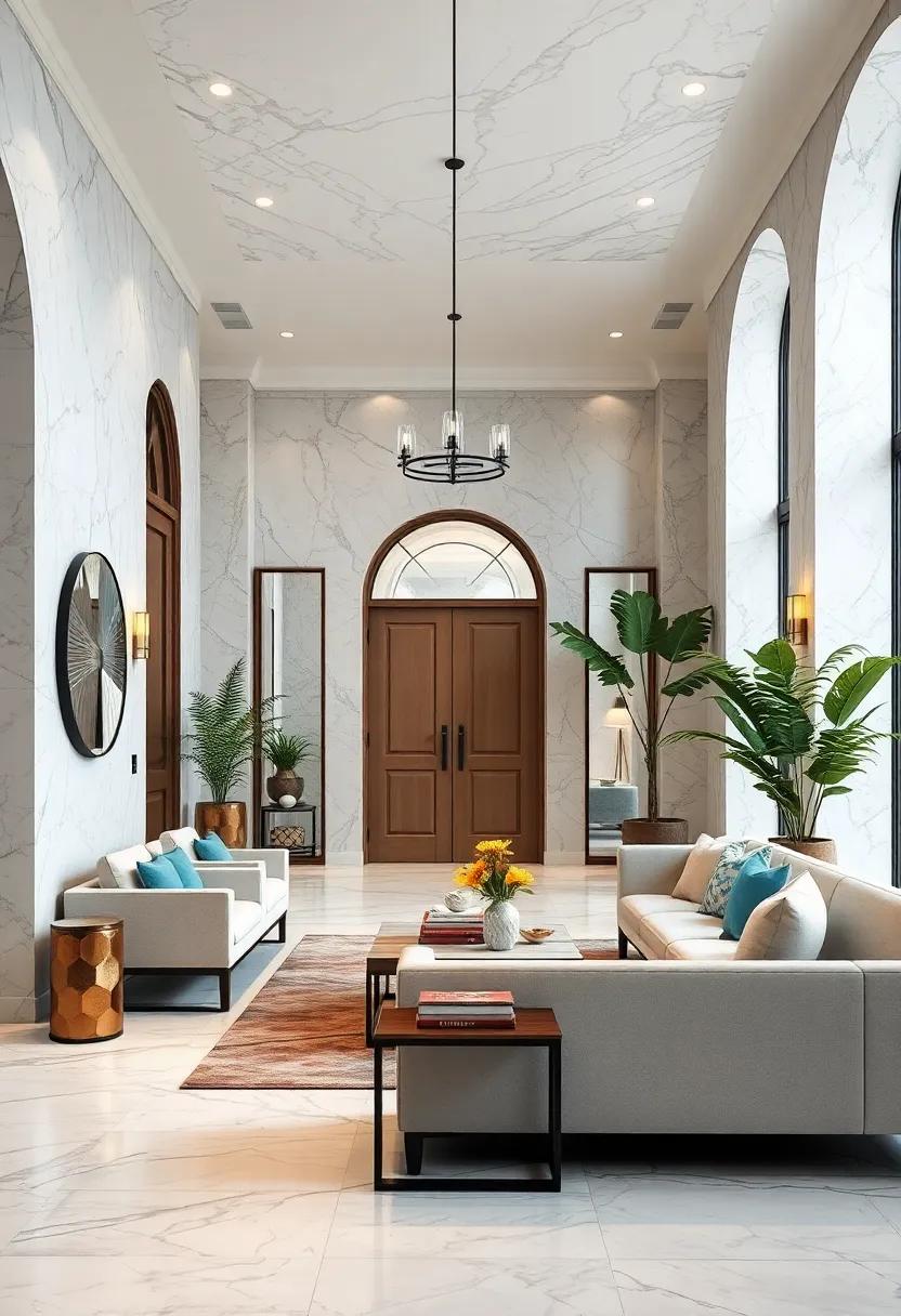 Juxtaposing Cold Marble With Warm Fabric Elements To Soften The Entryway Environment