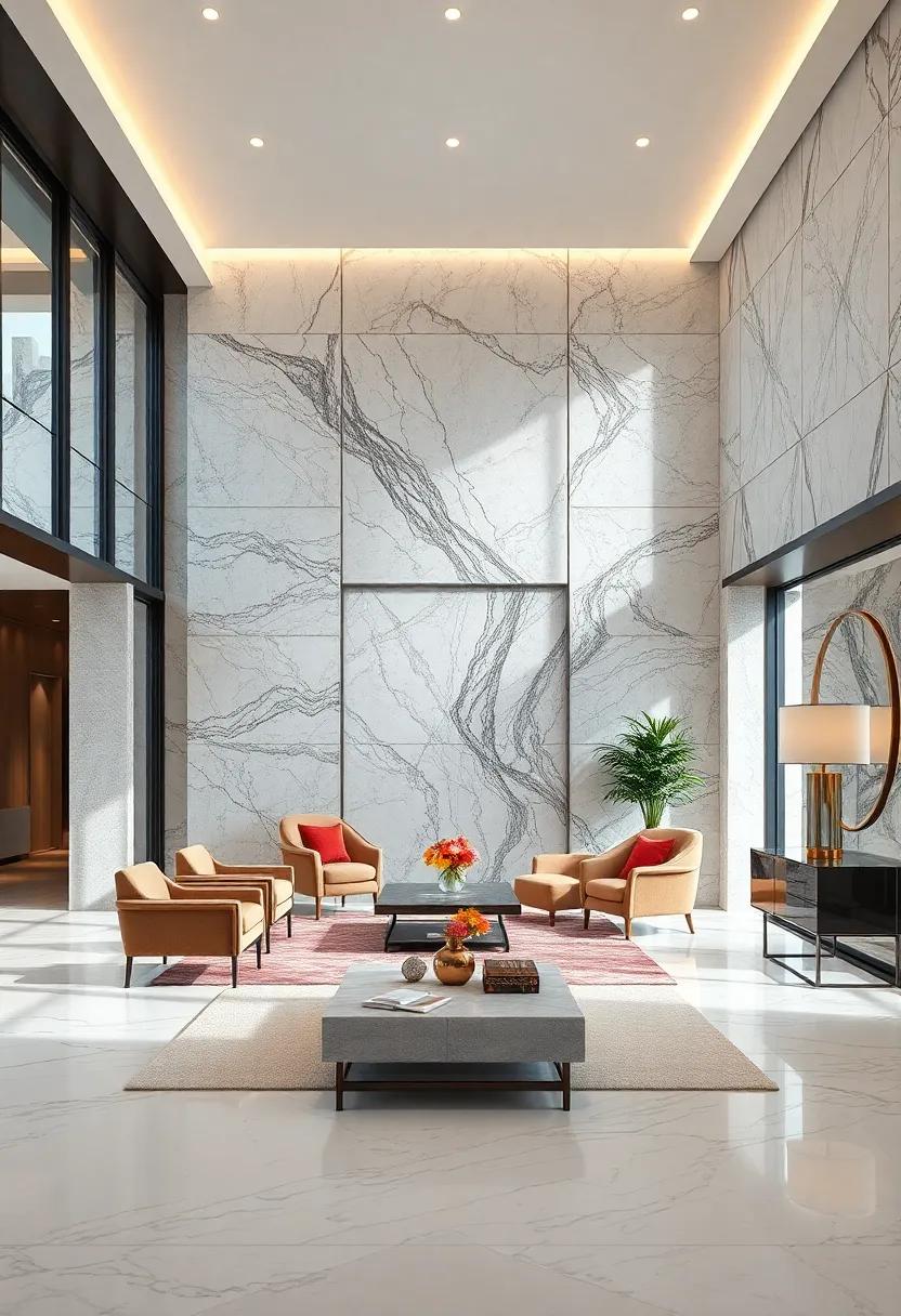 Layered Marble Wall Panels Featuring Mixed Textures For Dynamic Visual Interest In The Entry
