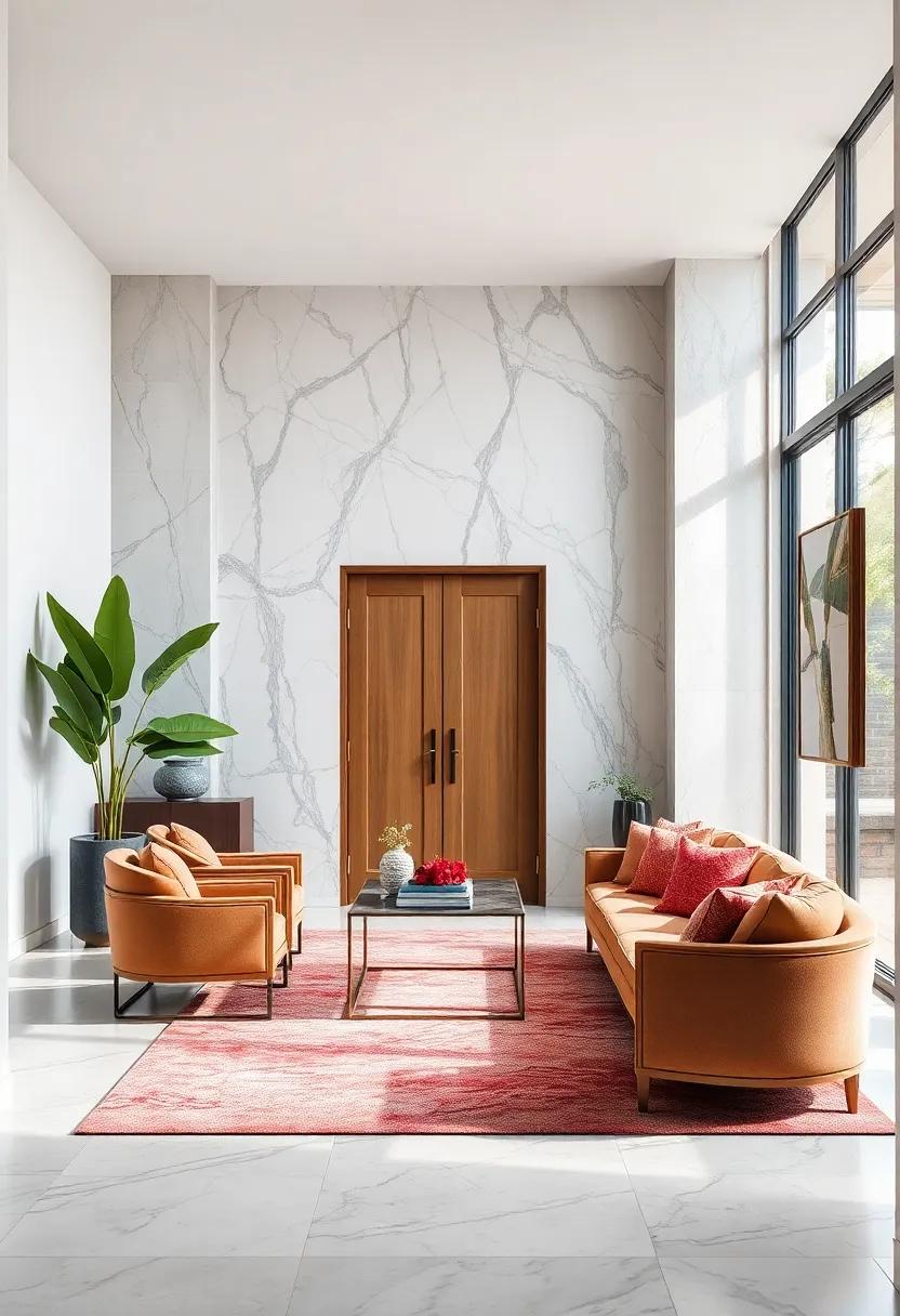 A Marble Accent Wall Behind The Front Door With Subtle Veining For Understated Luxury