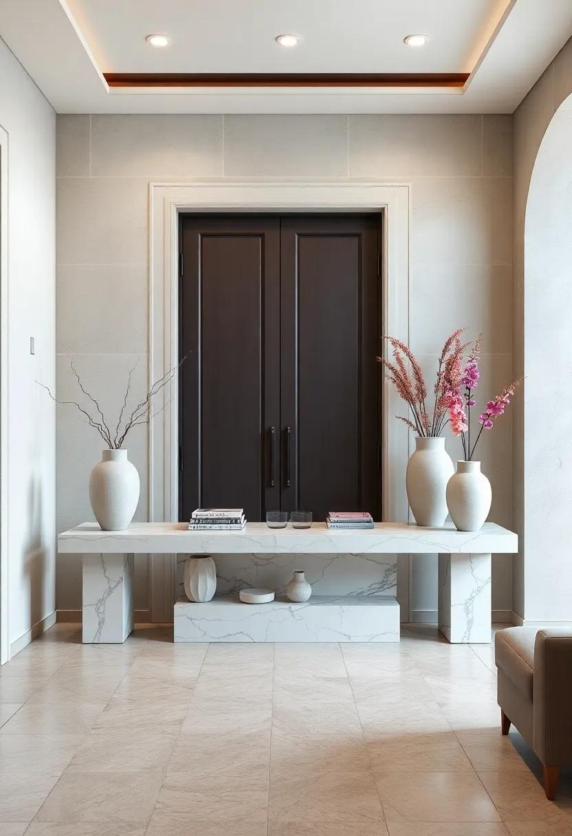 Minimalist Marble Console Tables Paired With Sculptural Vases For A Contemporary Entry Look