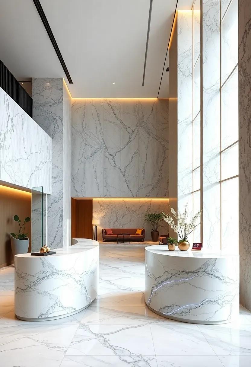Smooth Marble Reception Desks With Embedded LED Lines For Futuristic Entryway Design