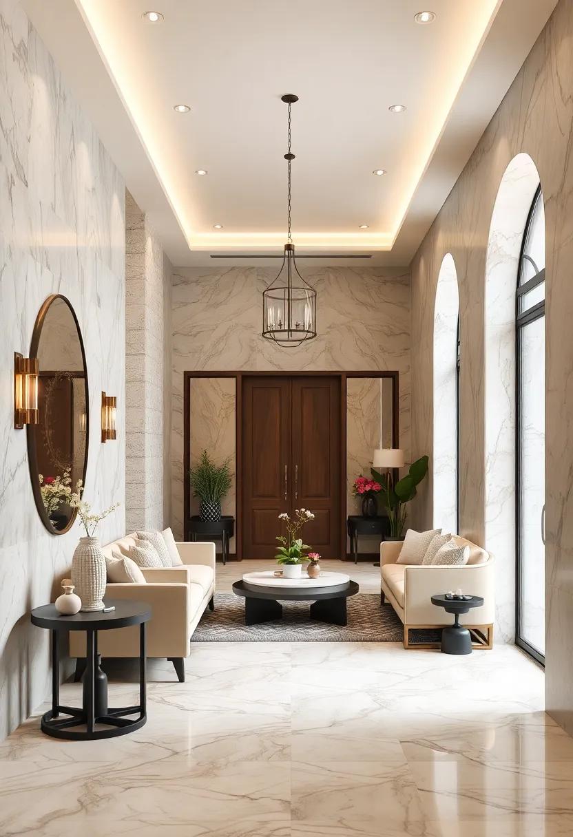 Subtle Color-Shift Marble Accents Adding Depth And Movement To Entry Walls And Floors