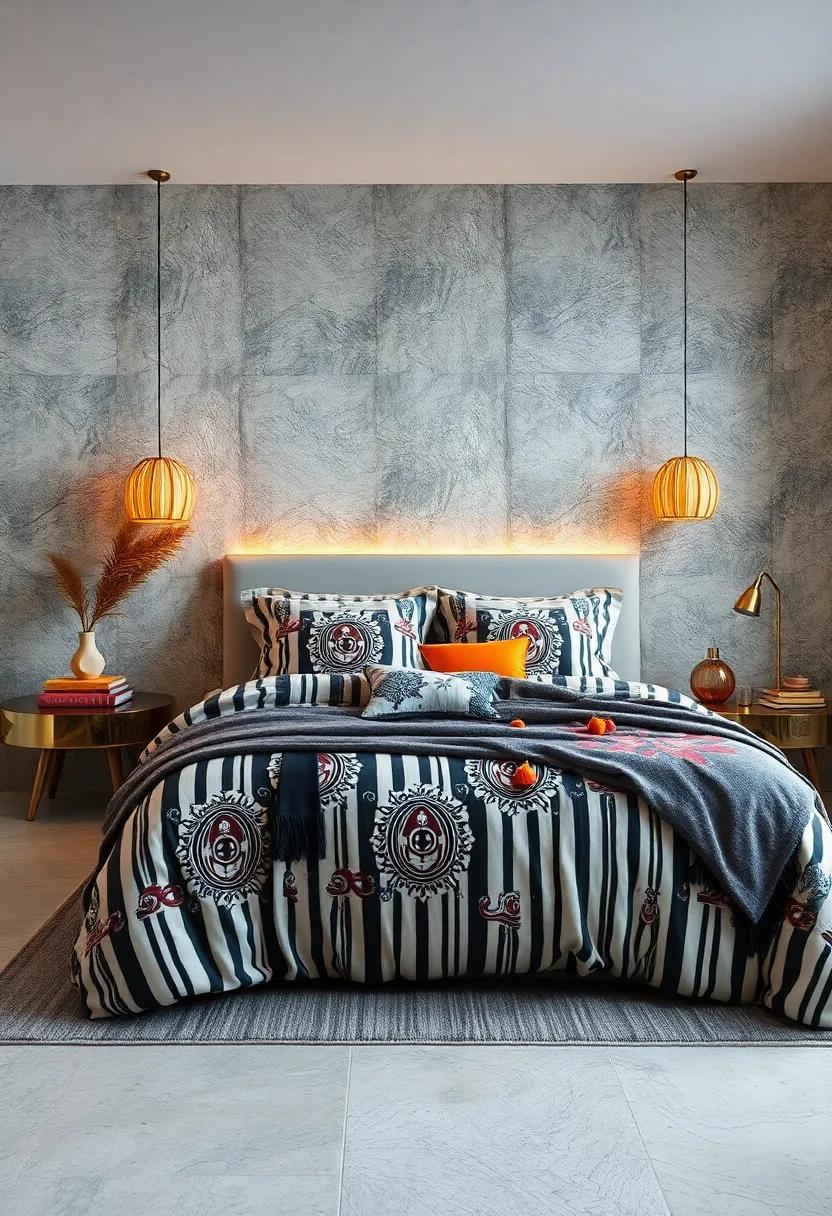 Artful Balance of Stripes and Abstract Motifs Elevating the Sensory Experience of a Maximalist Bedroom