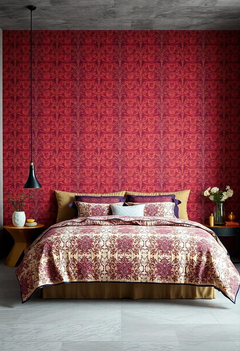 Bold Wallpaper Filled with Intricate Designs as a Dazzling Backdrop to Patterned Bedding