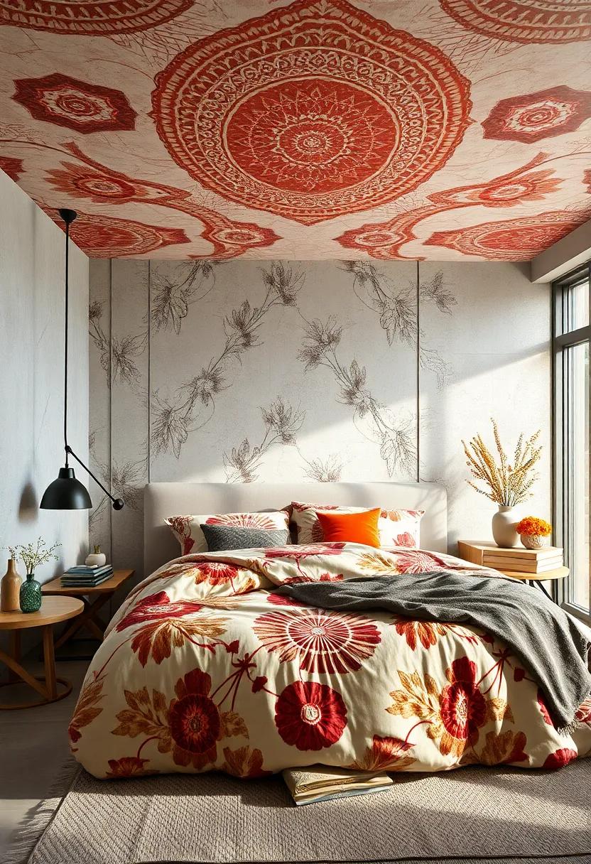 Ceiling Murals with Pattern Themes Echoing the Bedding Style for a Fully Immersive Bedroom Experience