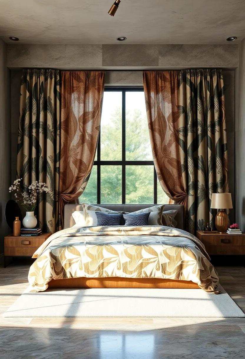Dramatic Drapes with Oversized Patterns Framing Windows and Enhancing Bedroom Ambiance