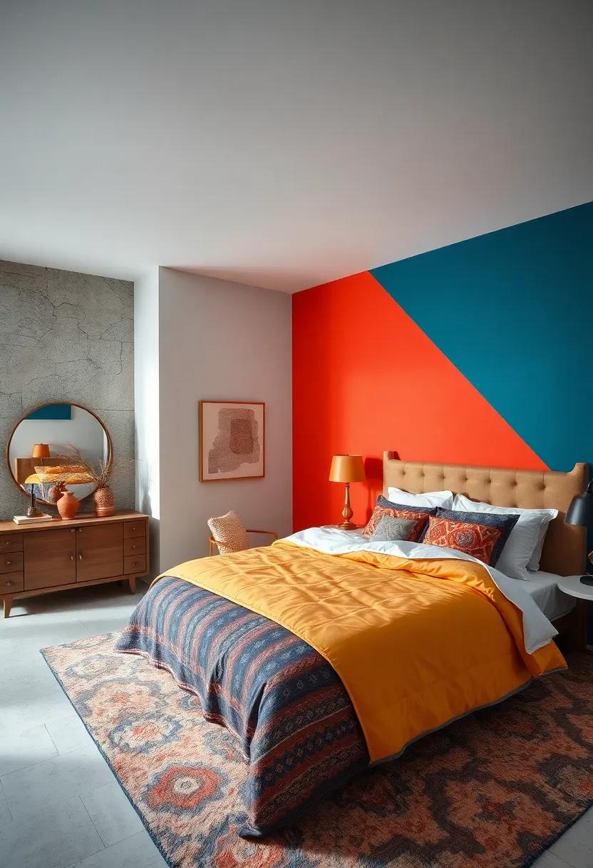 Dramatic Color Blocking with Pattern Overlays Generating Energy and Movement in Bedroom Spaces
