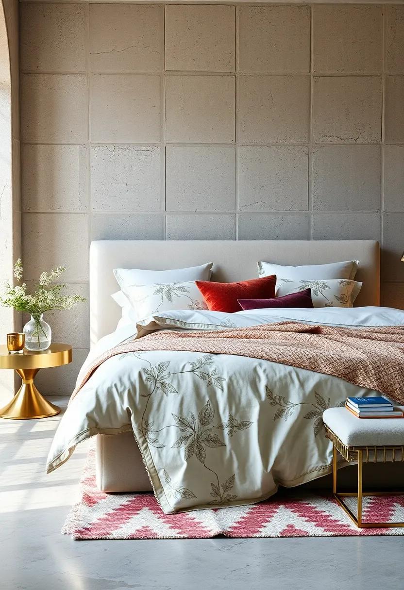 Glamorous Metallic Accents Paired with Patterned Bedding Adding a Touch of Sophistication and Flair