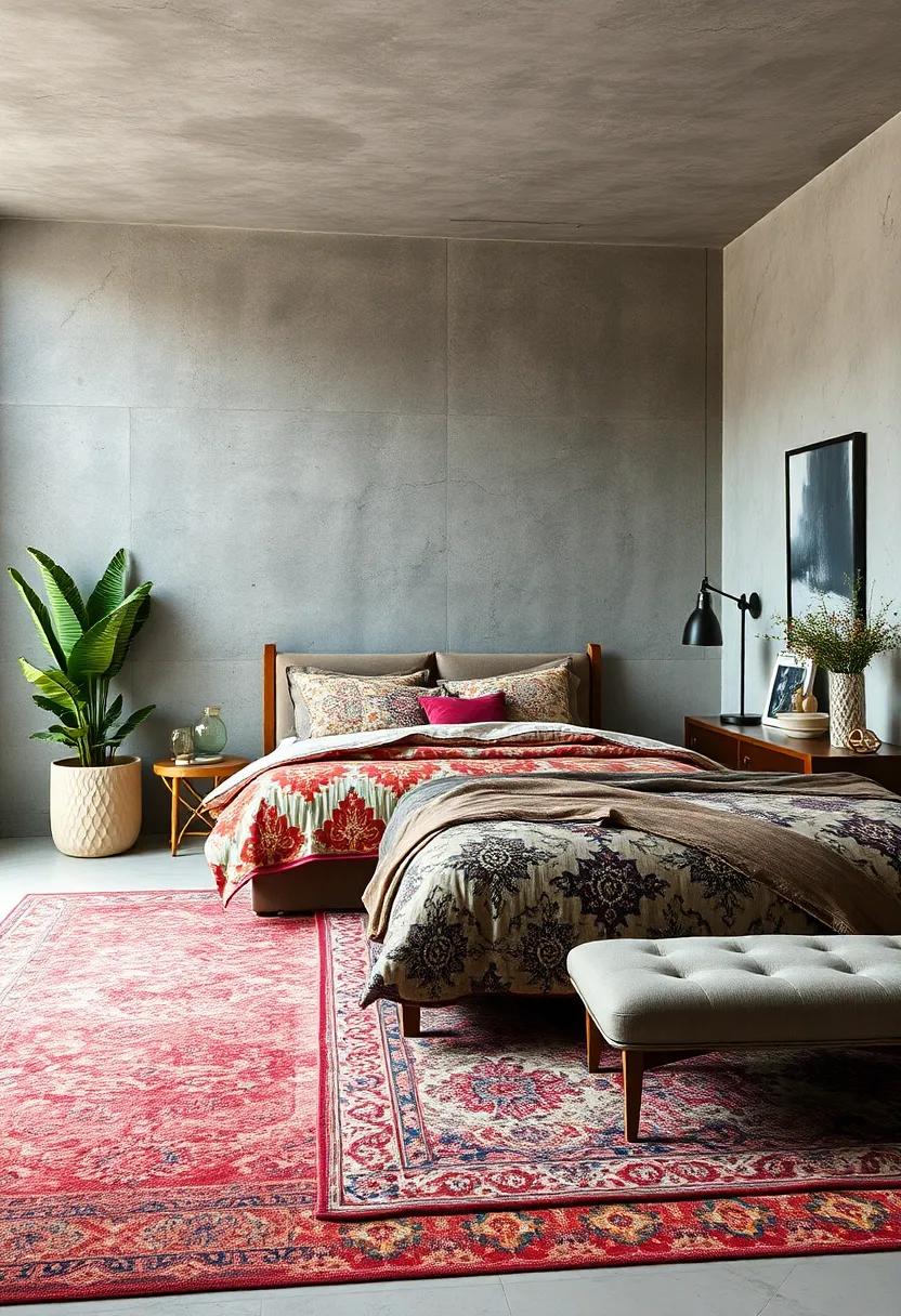Intricate Patterned Rugs Complementing Colorful Bedding for a Cohesive Bedroom Design