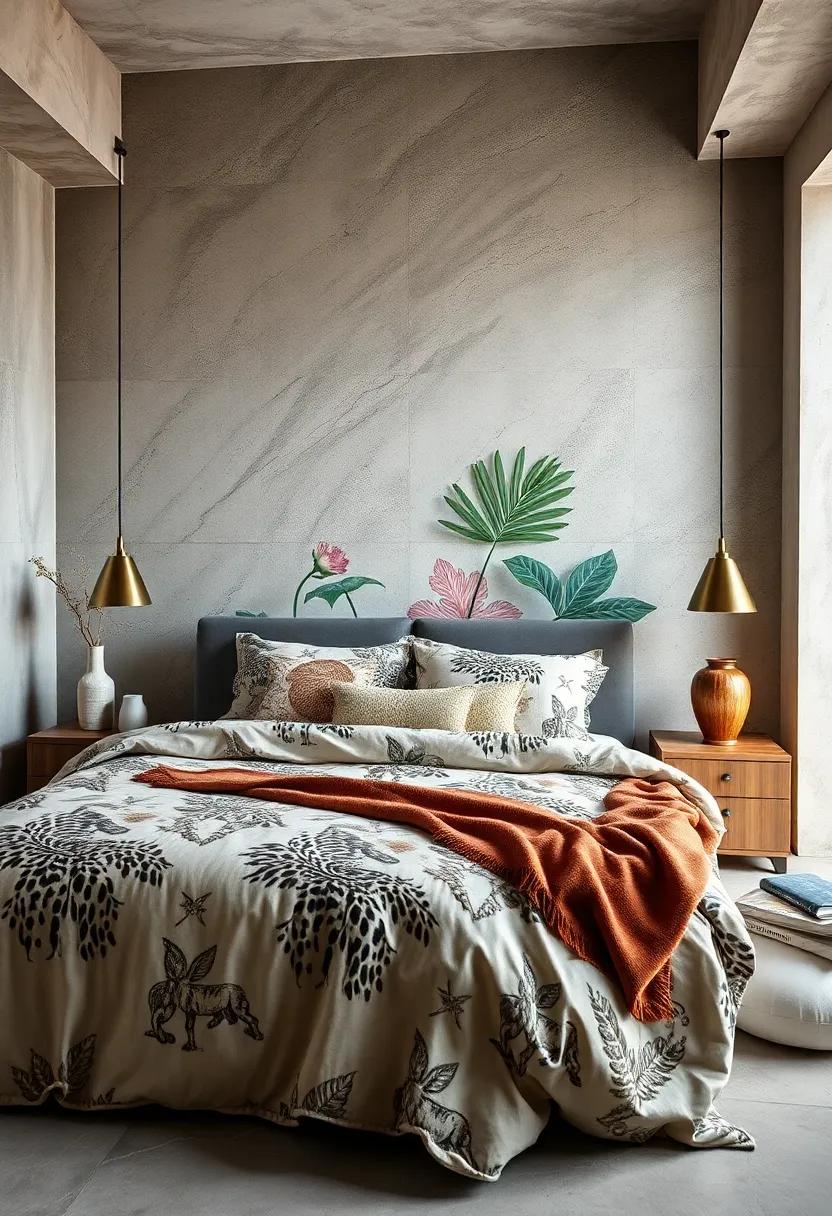Playful Juxtaposition of Animal Prints and Botanical Patterns Creating a Dynamic Bedroom Atmosphere