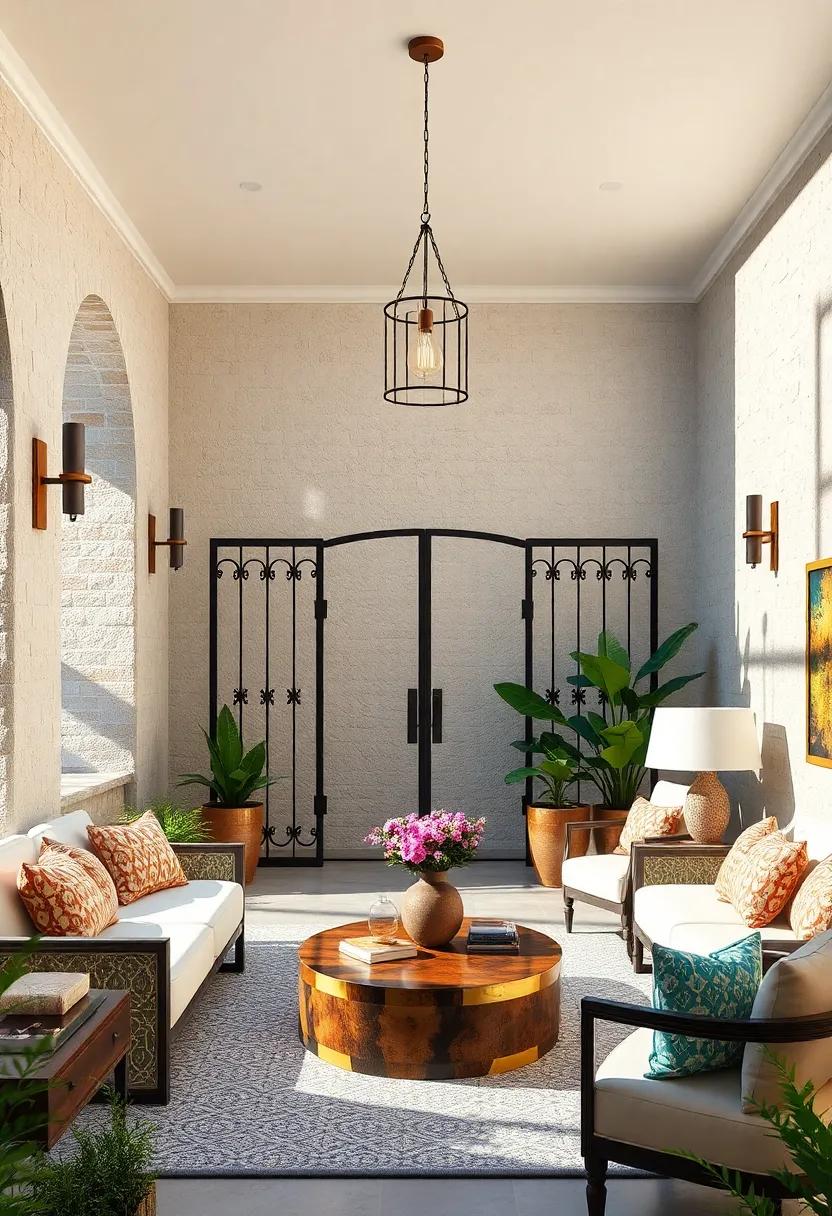 Antique Copper Accents Highlighted Against Textured Mediterranean Stucco Walls and Wrought Iron Gates