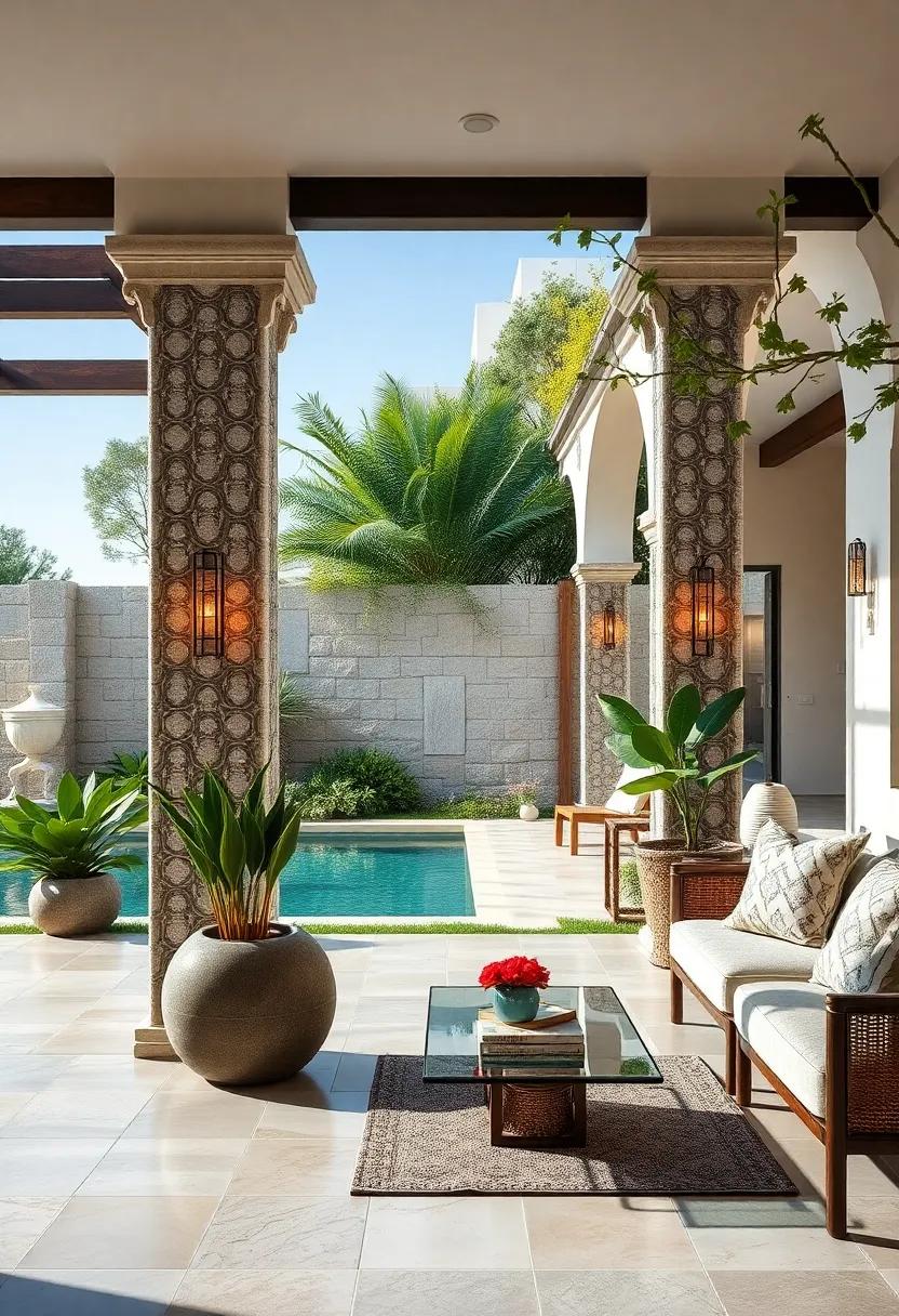 Intricately Carved Ceramic Tiles Decorating Mediterranean Garden Fence Pillars with Sea Breeze Views