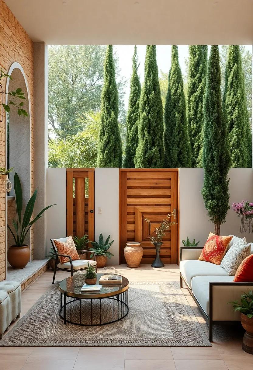 Mediterranean Garden Fencing Combining Natural Wood and Smooth Plaster Against a Backdrop of Cypress Trees