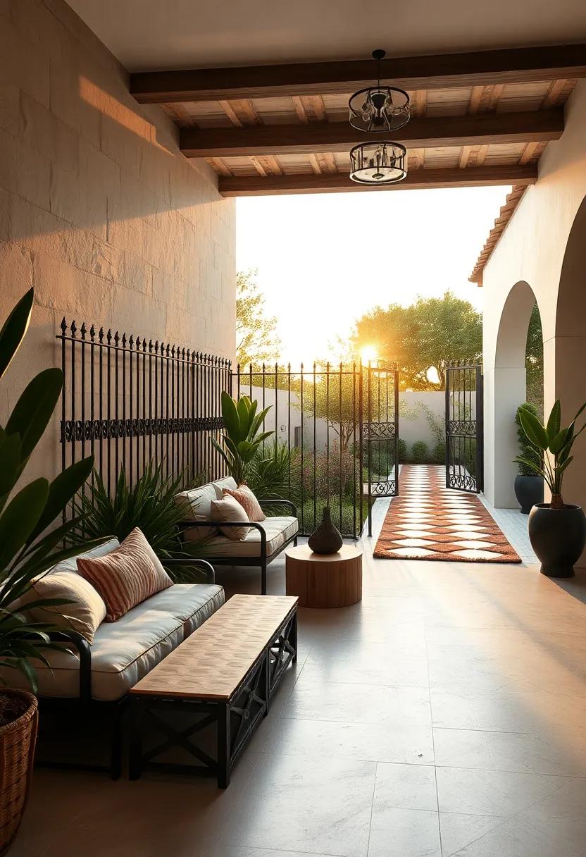 Rustic Ironwork Patterns Casting Delicate Shadows on Mediterranean Garden pathways at Sunset