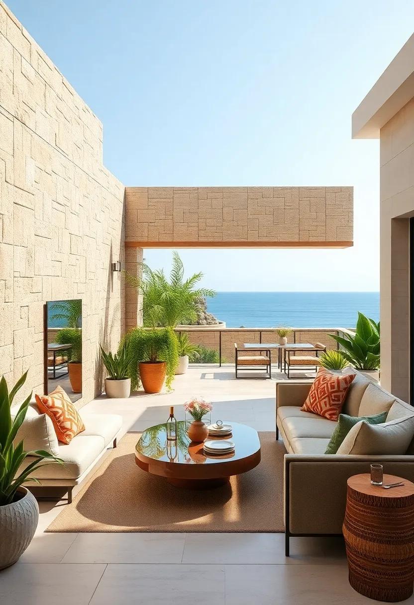 Soft Sandstone Fencing Merging Seamlessly into Mediterranean Garden Terraces Overlooking the Sea