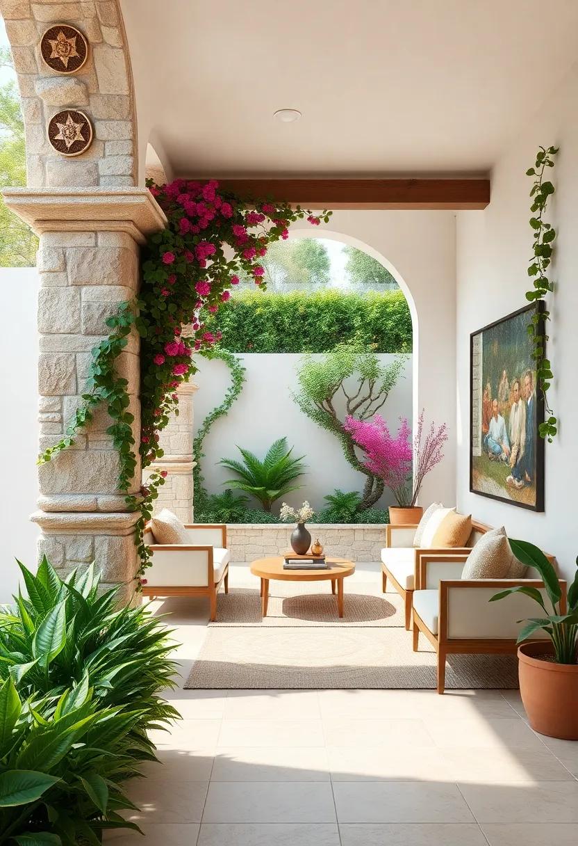 Stone Pillars Draped in Vibrant Ivy Contrasted with Smooth Plastered Walls for Mediterranean Garden Limits