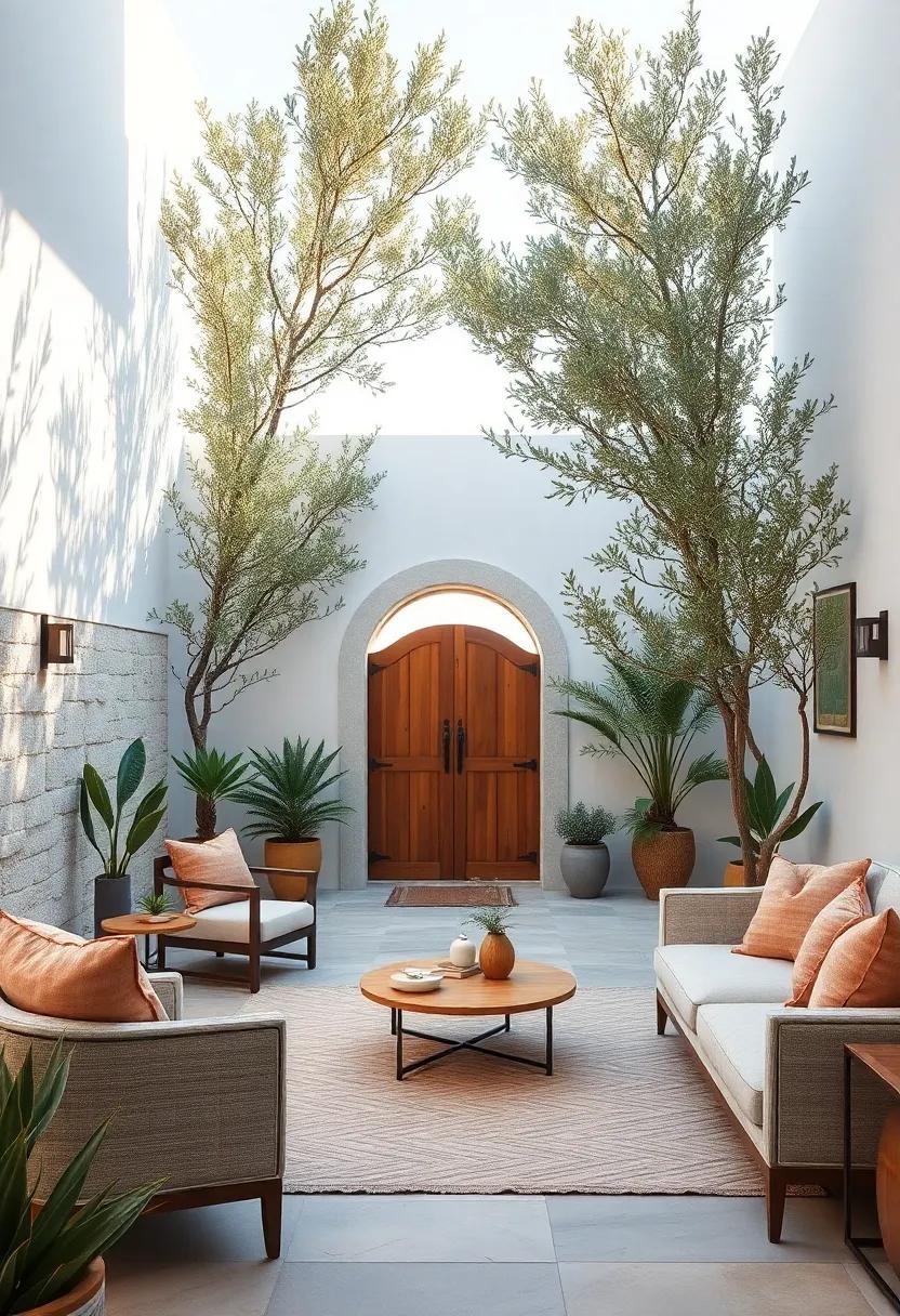 Sun-Dappled Olive Trees Framing Classic Mediterranean Whitewashed Walls and Wooden Gates