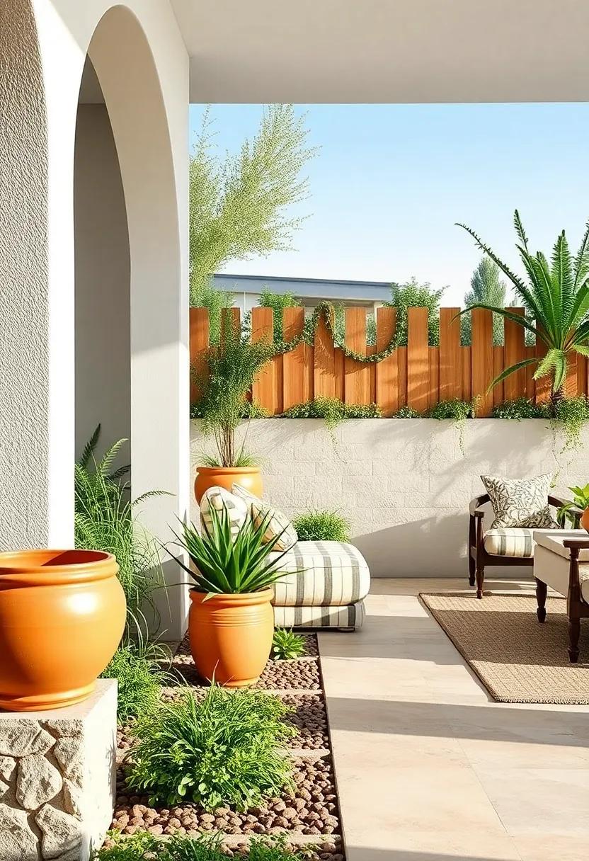 Sun-Kissed Terracotta Planters Integrated with Mediterranean Fence Posts Bringing Life to Garden Borders