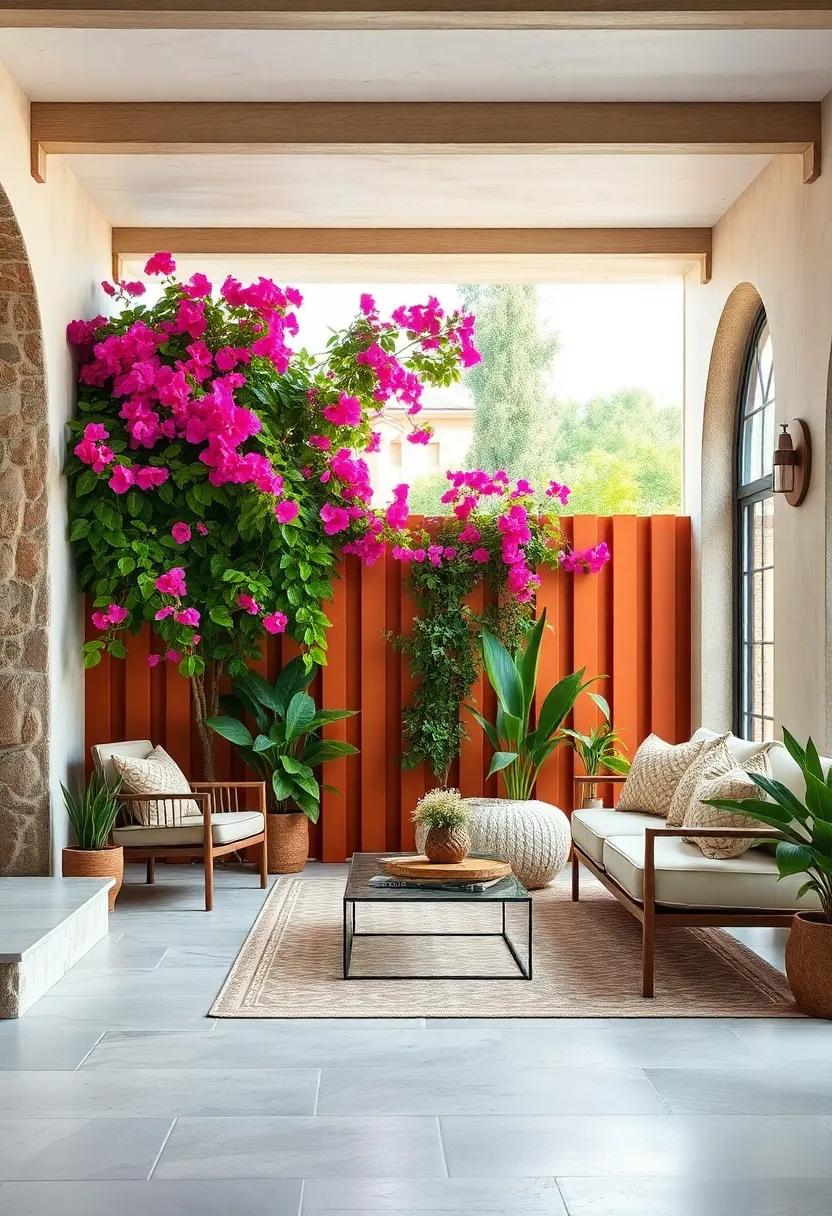 Vibrant Bougainvillea Cascading Over Terracotta-Toned Fencing for Coastal Garden Charm