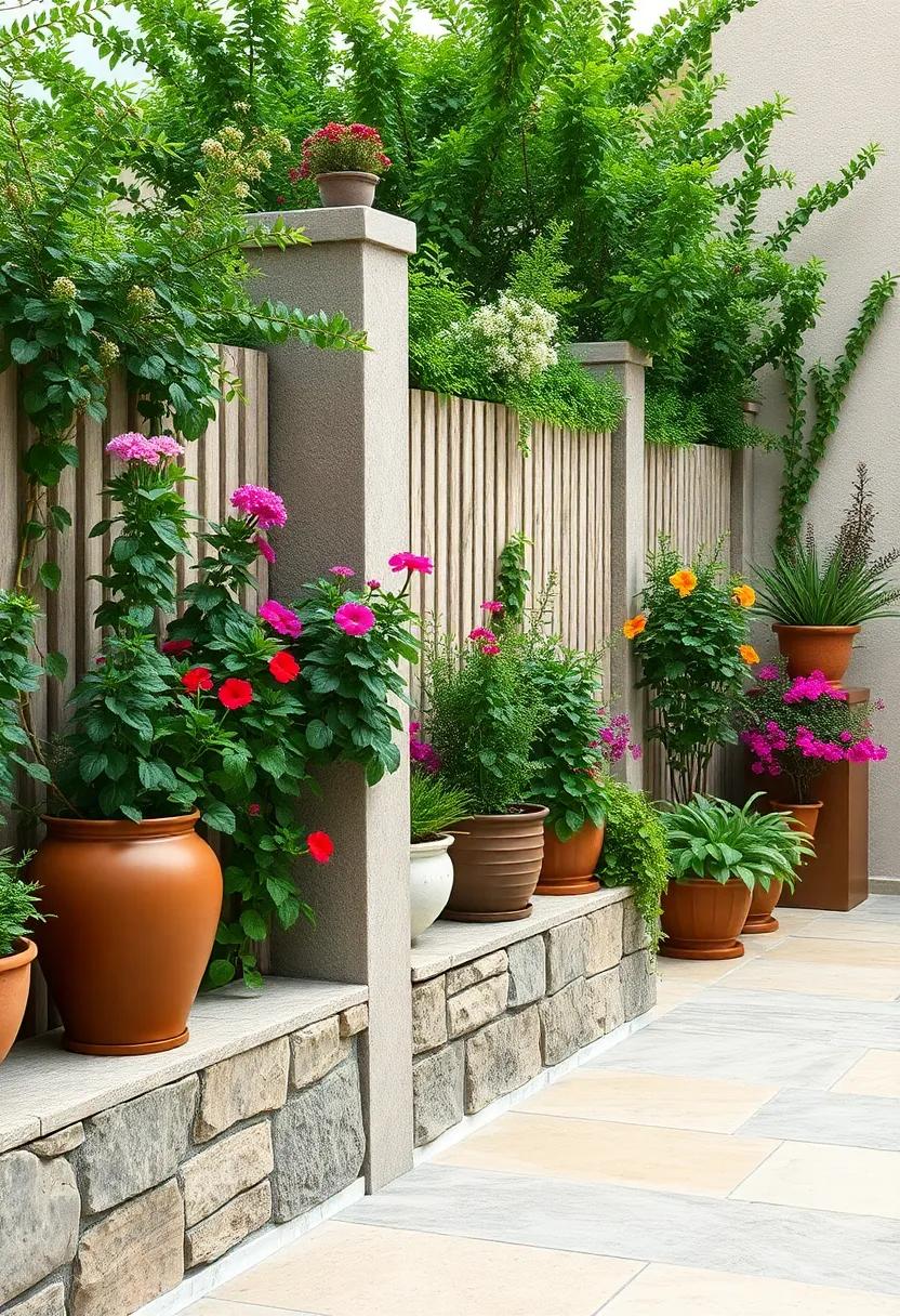 Vibrant Herbs and Flowering Plants Nestled Along Mediterranean-Styled Fences with Weathered Textures