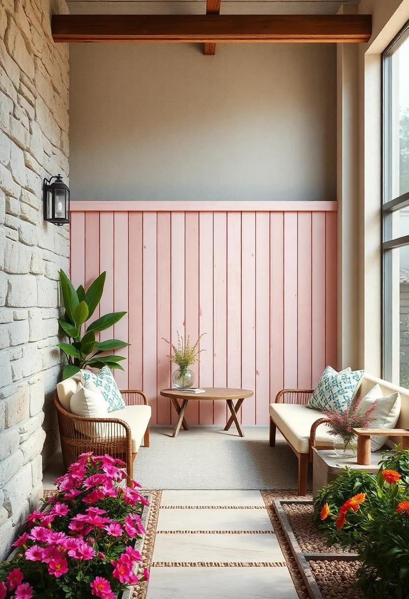 Weathered Wooden Fence Panels Painted in Soft Pastels Complementing Mediterranean Garden Flower Beds