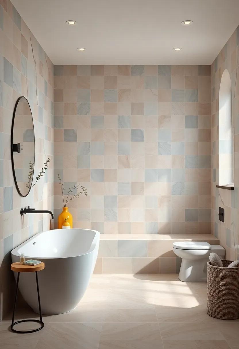 The Fusion Of Matte And Gloss Pastel Tiles Creating Visual Interest In Bathroom Layouts