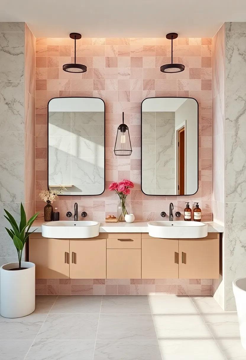 Custom Vanity Mirrors Reflecting The Subtle Beauty Of Pastel Tile Walls In Mid-Century Bathrooms