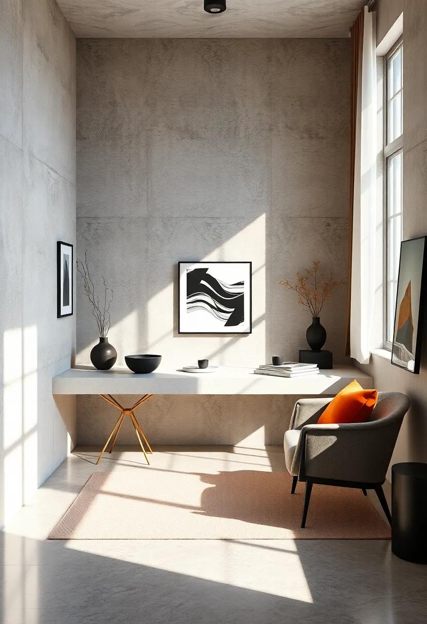 Light and Shadow Play Over a Sleek Floating Desk Surrounded by Monochrome Accents