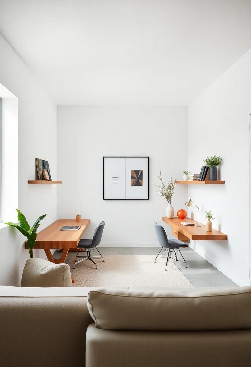 The Harmony of Natural Wood Floating Desks Against Crisp White Walls in a Minimal Home Office