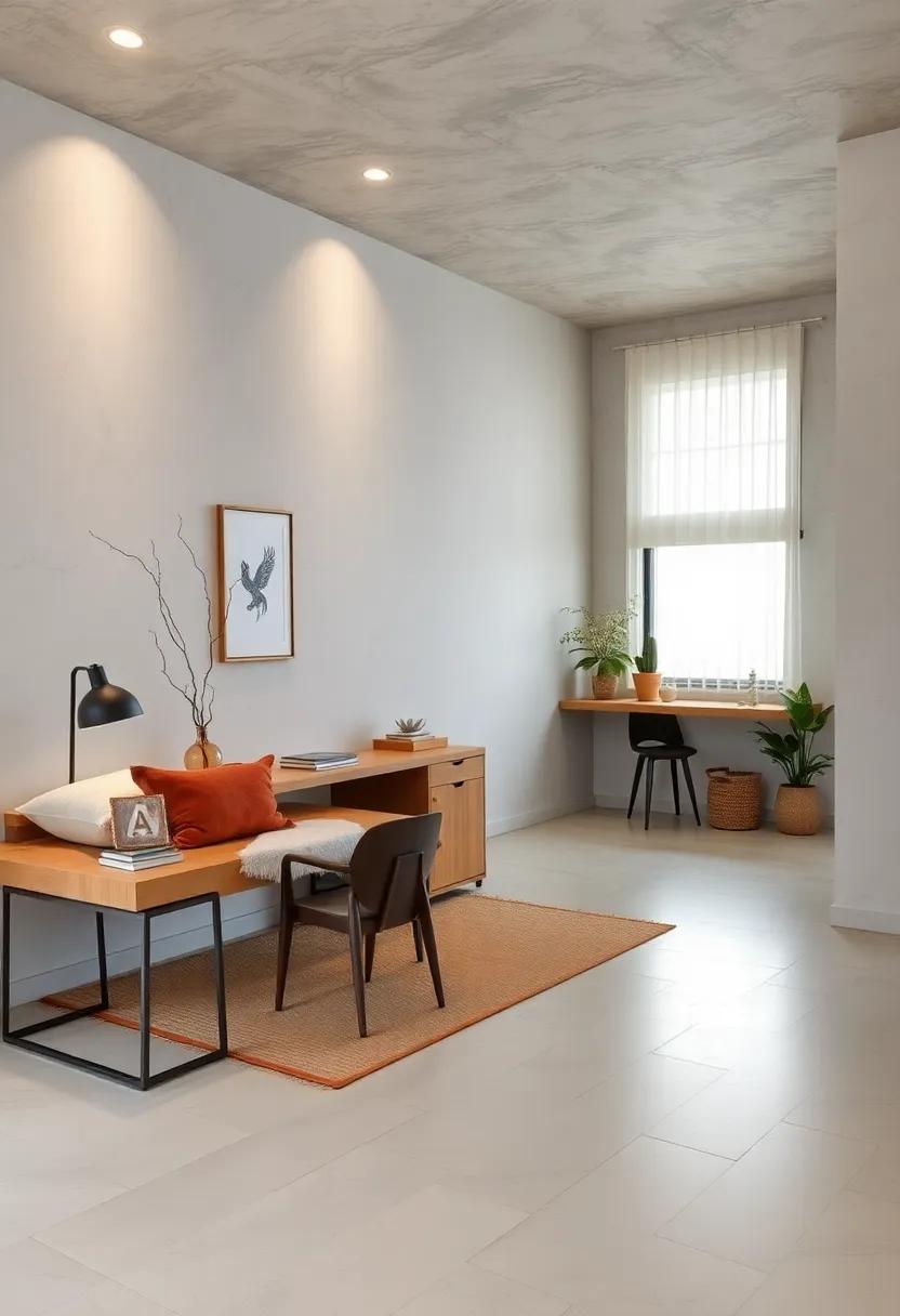 Elevated Workspace with Floating Desks and Layered Textiles Offering a Warm Minimalist Vibe