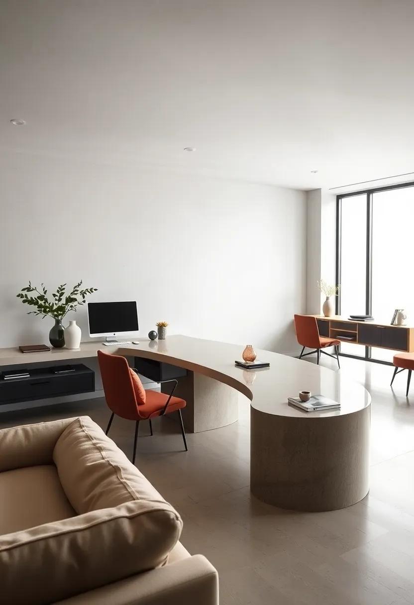 Workspace Minimalism Enhanced by Curved Floating Desks and Sculptural Desk Accessories