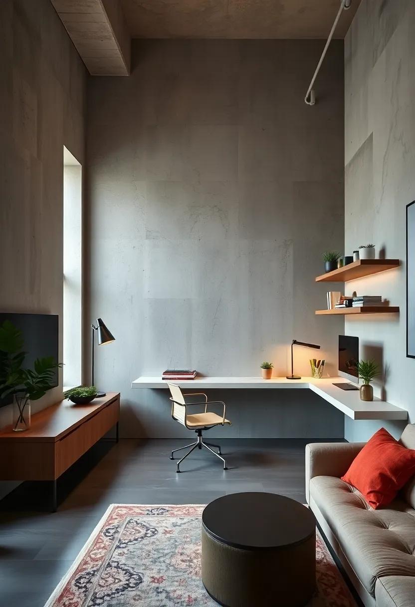 A Minimalist Home Office Utilizing Floating Desks and Floating Shelves to Maximize Space