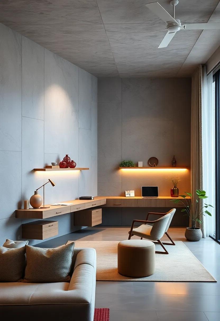 Modern Minimalist Home Office Showcasing Floating Desks and Integrated LED Lighting