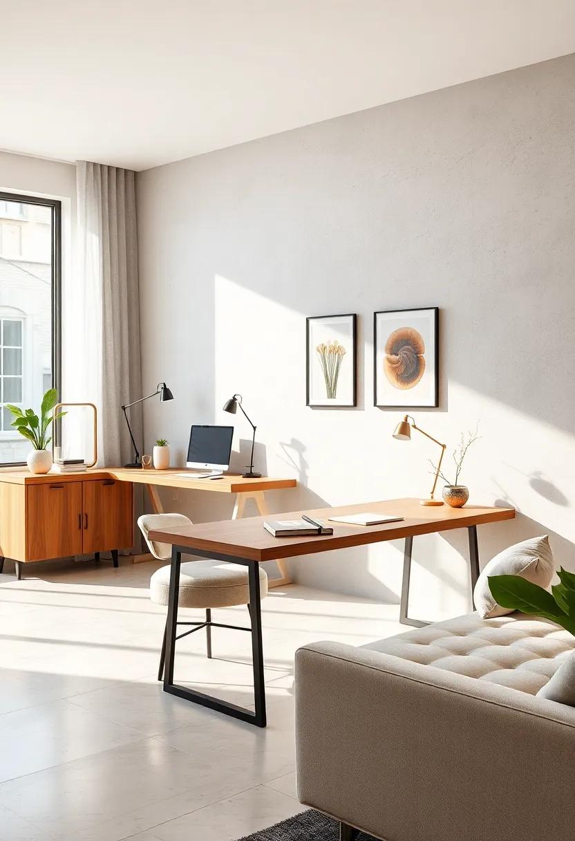 Contemporary Floating Desks Surrounded by Minimalist Office Accents and Soft Shadows